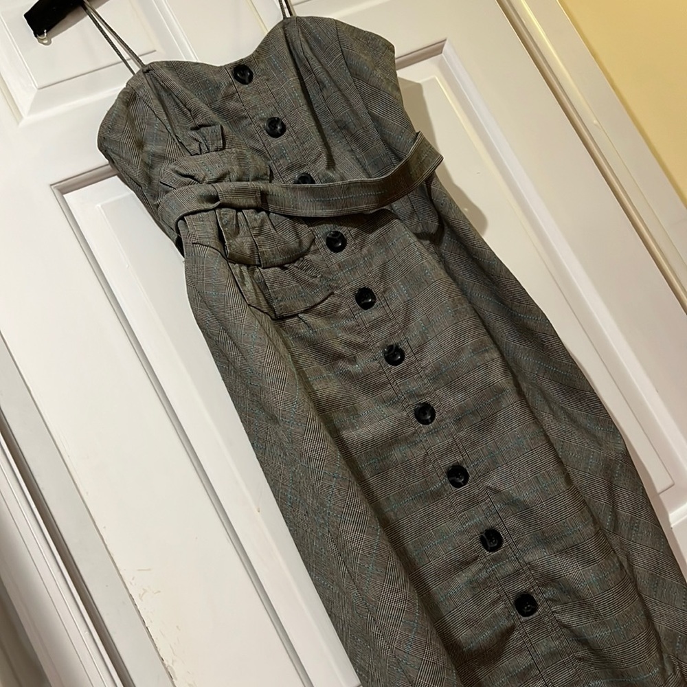 Floreat plaid Dress with waist detail and spaghetti straps